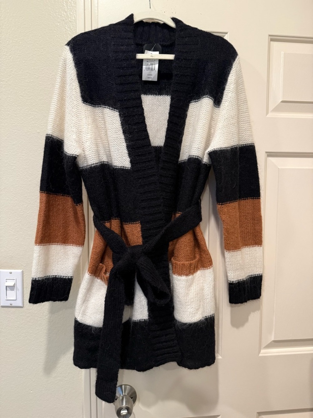 Tundra Black White and Brown Striped Belted Open-Front Cardigan